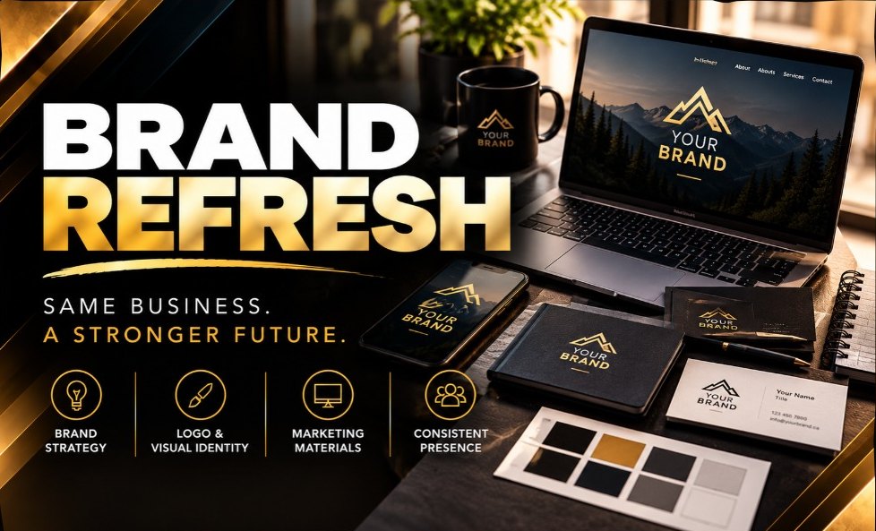 A refreshed brand applied to a laptop website, phone, business cards, notebook, mug and colour swatches