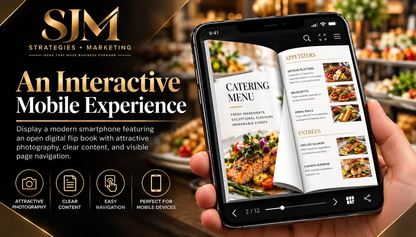 A catering menu flipbook open on a smartphone with page navigation